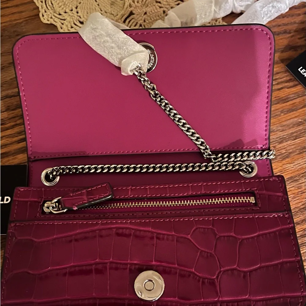 Karl Lagerfeld Magenta Croc-Embossed Chain Clutch - Picture 2 of 4